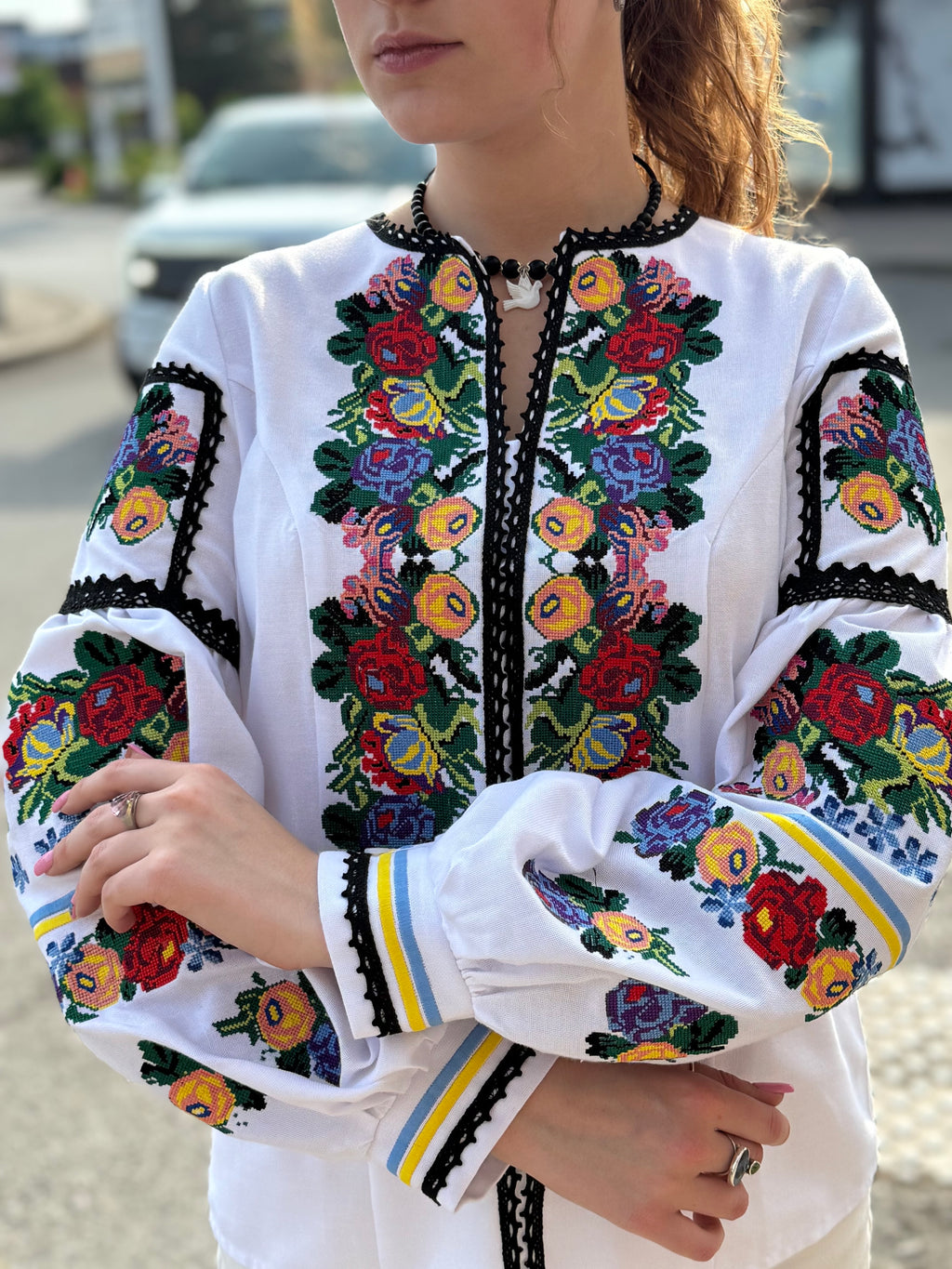 Women’s Embroidered Shirt "Patriotic" – White Ukrainian Vyshyvanka with Floral Motifs