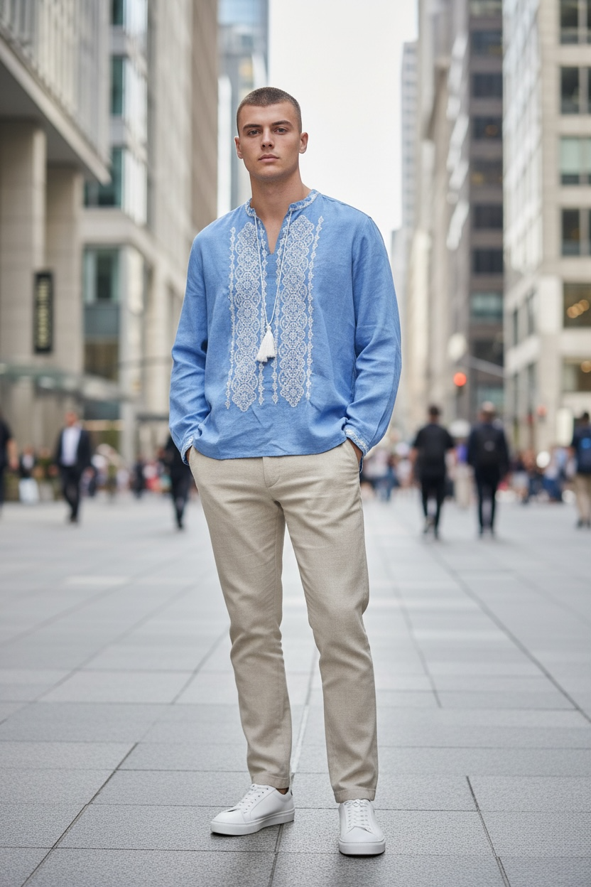 Men’s Blue Linen Shirt with White Embroidery
