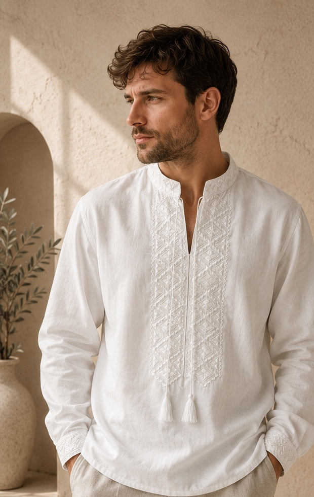 Men’s White-on-White Cotton Embroidered Shirt