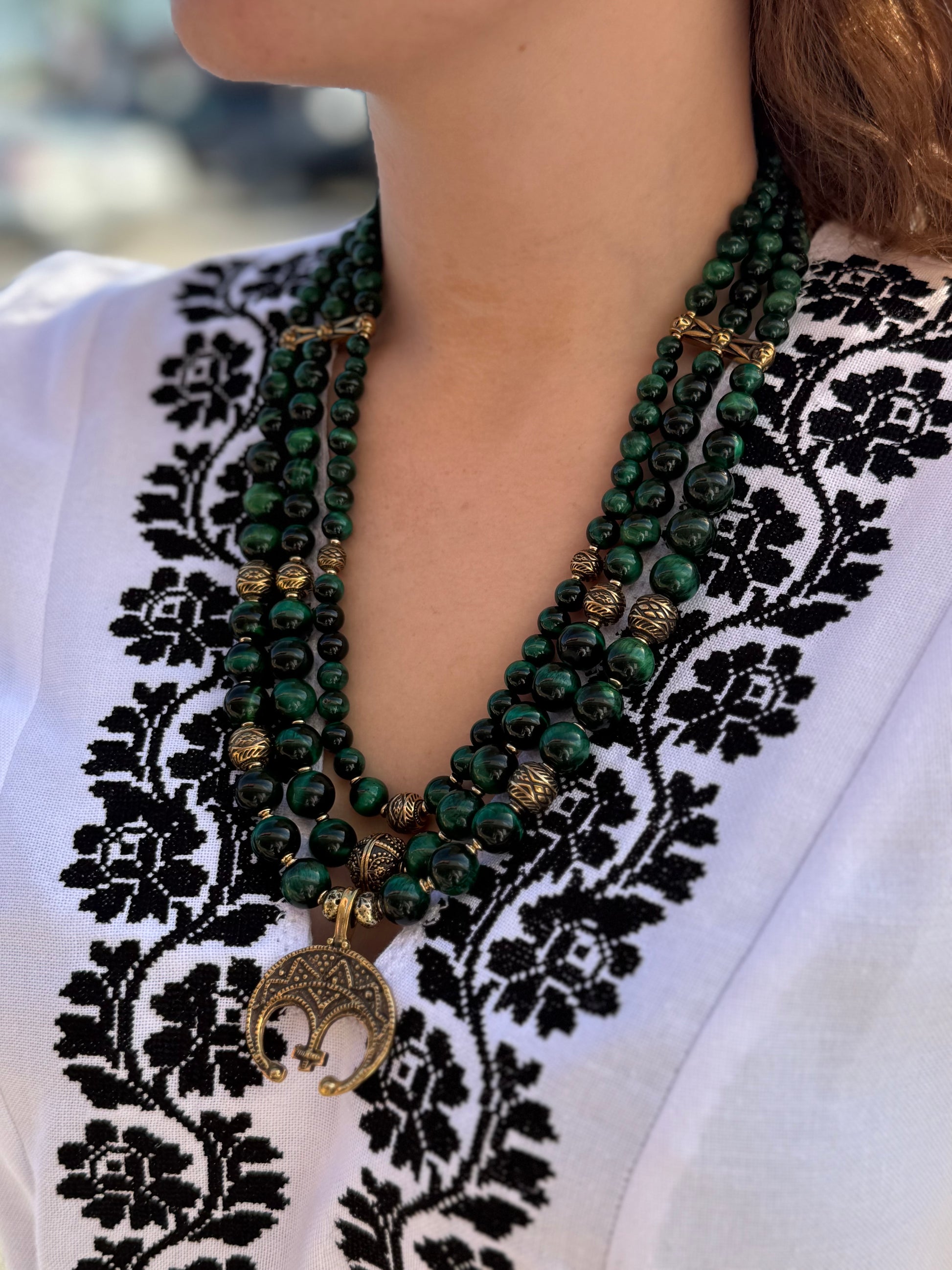 Natural Green Tiger's Eye Stone Necklace with Brass Pendant and Beads