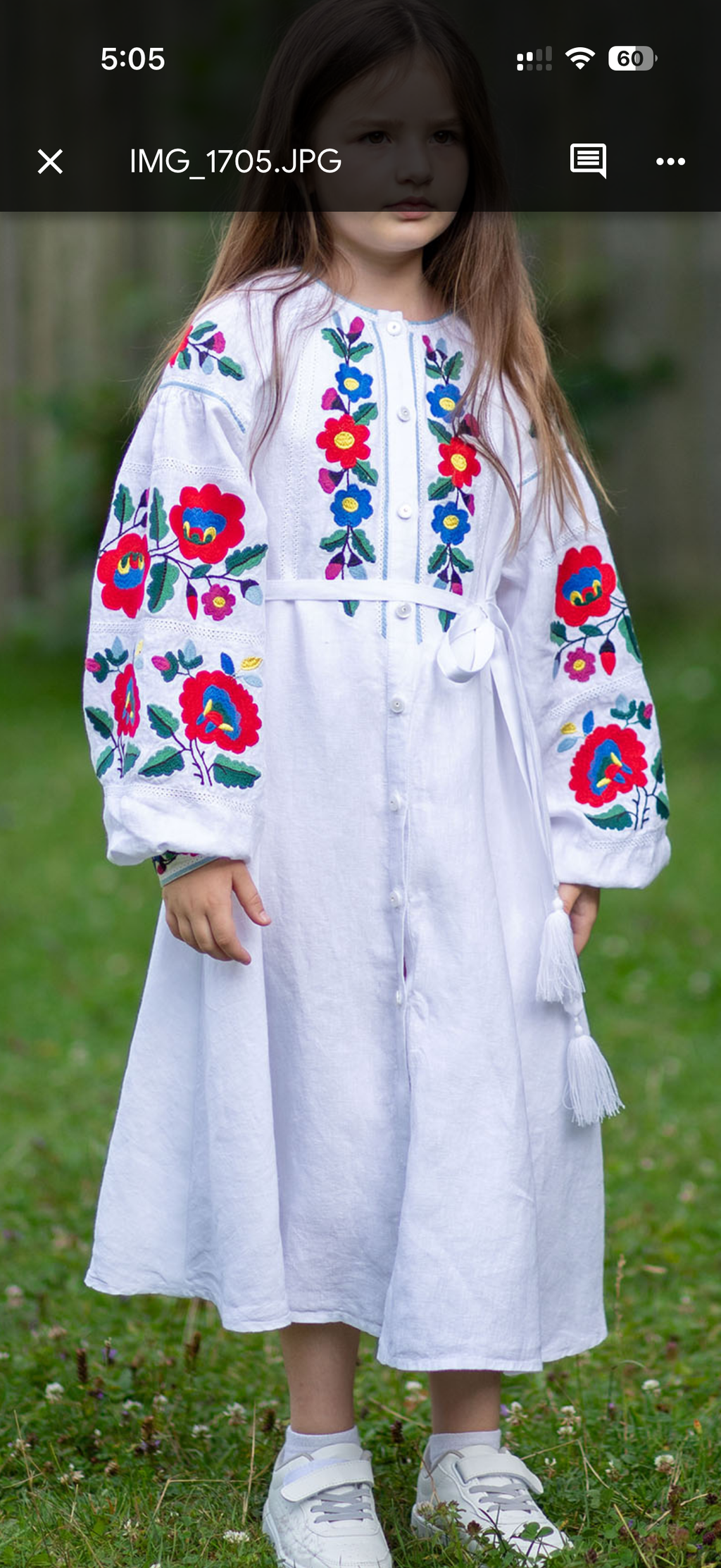 Girls’ White Linen Dress with Floral Embroidery