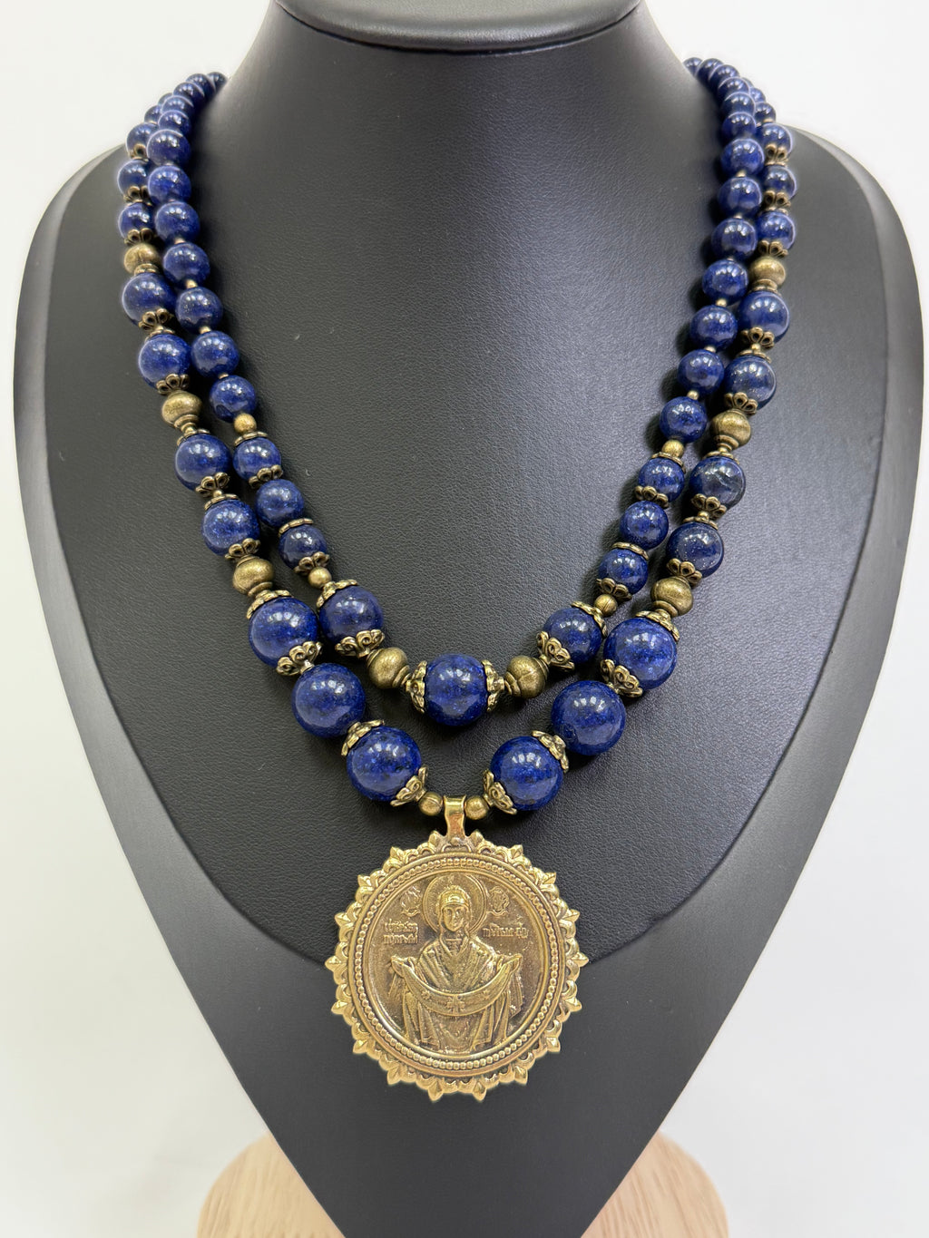 Natural Blue Stone Necklace with a Brass Pendant of the "Pokrovy Bohorodytsy"
