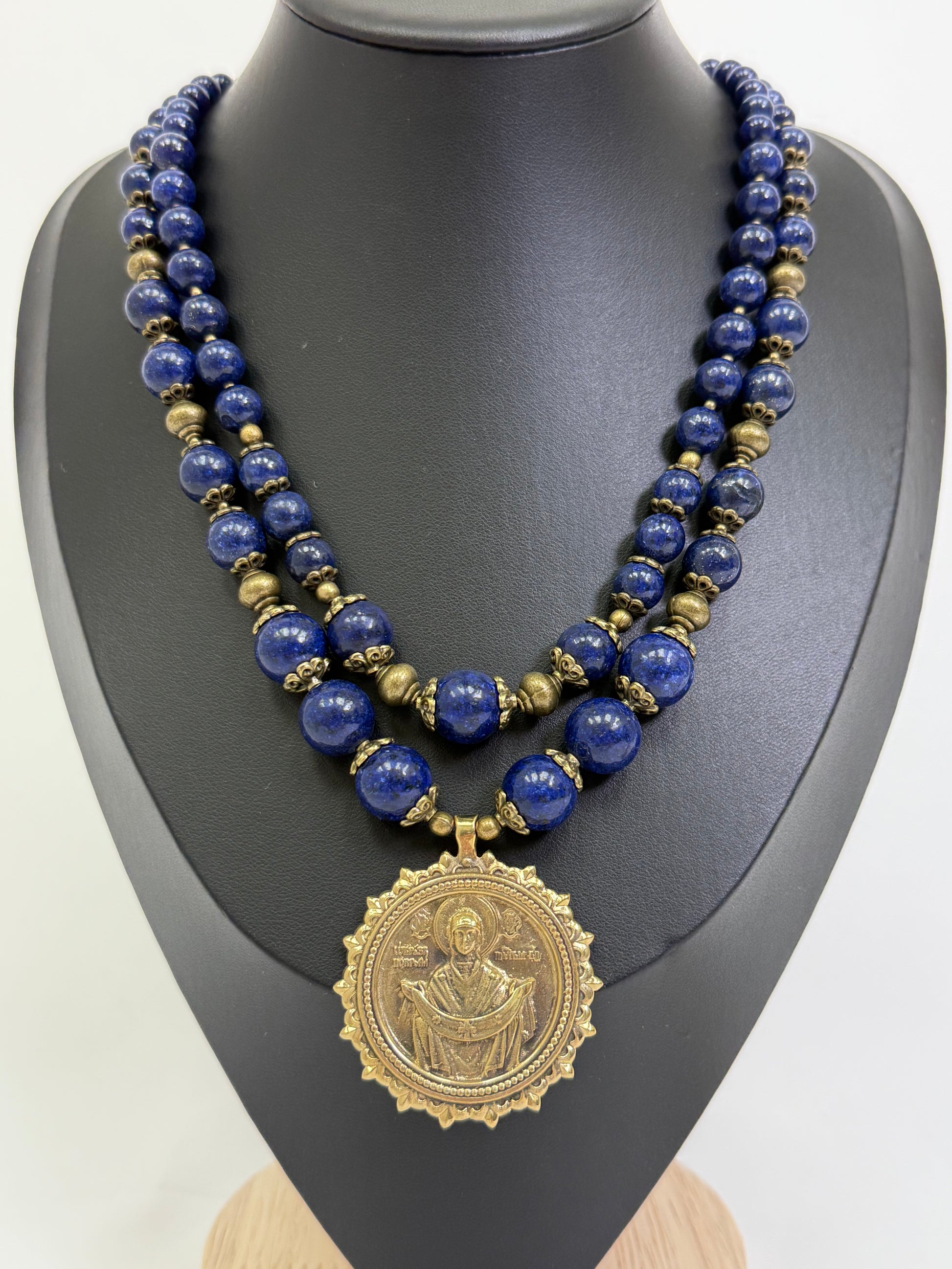 Natural Blue Stone Necklace with a Brass Pendant of the "Pokrovy Bohorodytsy"
