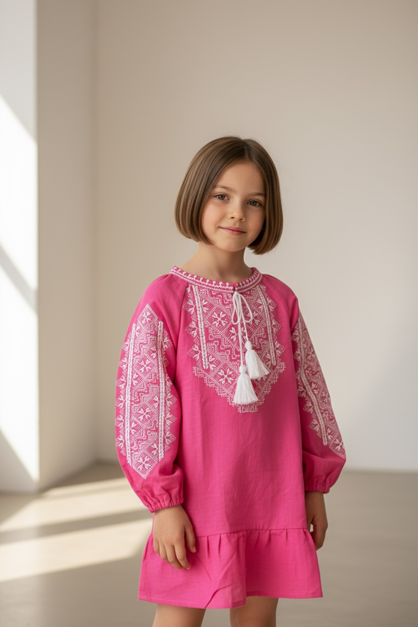 Girls Pink Linen Vyshyvanka Dress Long Sleeve In Ukrainian Traditions