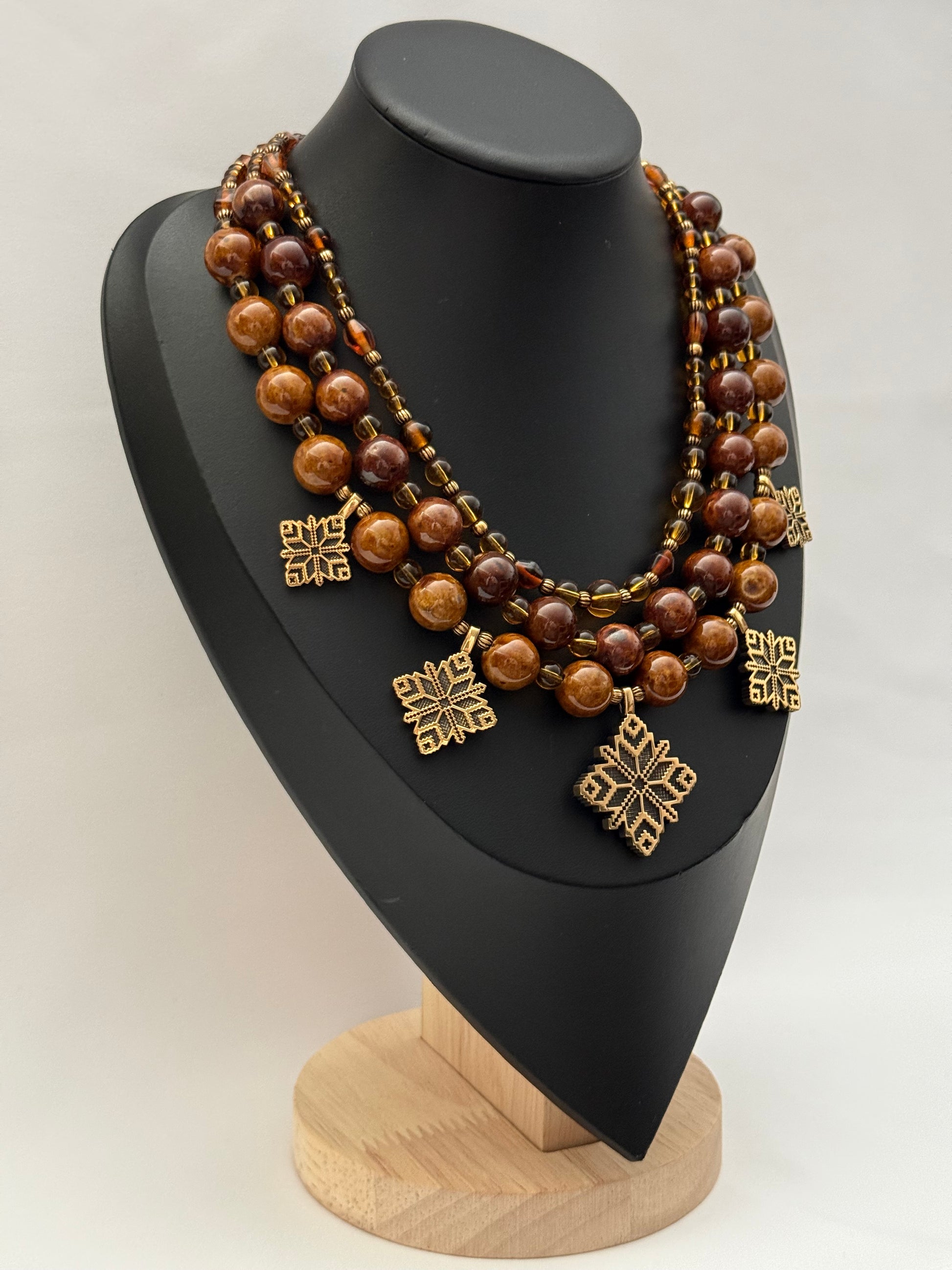 Three-Strand Necklace with Ceramic and Glass Beads and Brass Zgardas