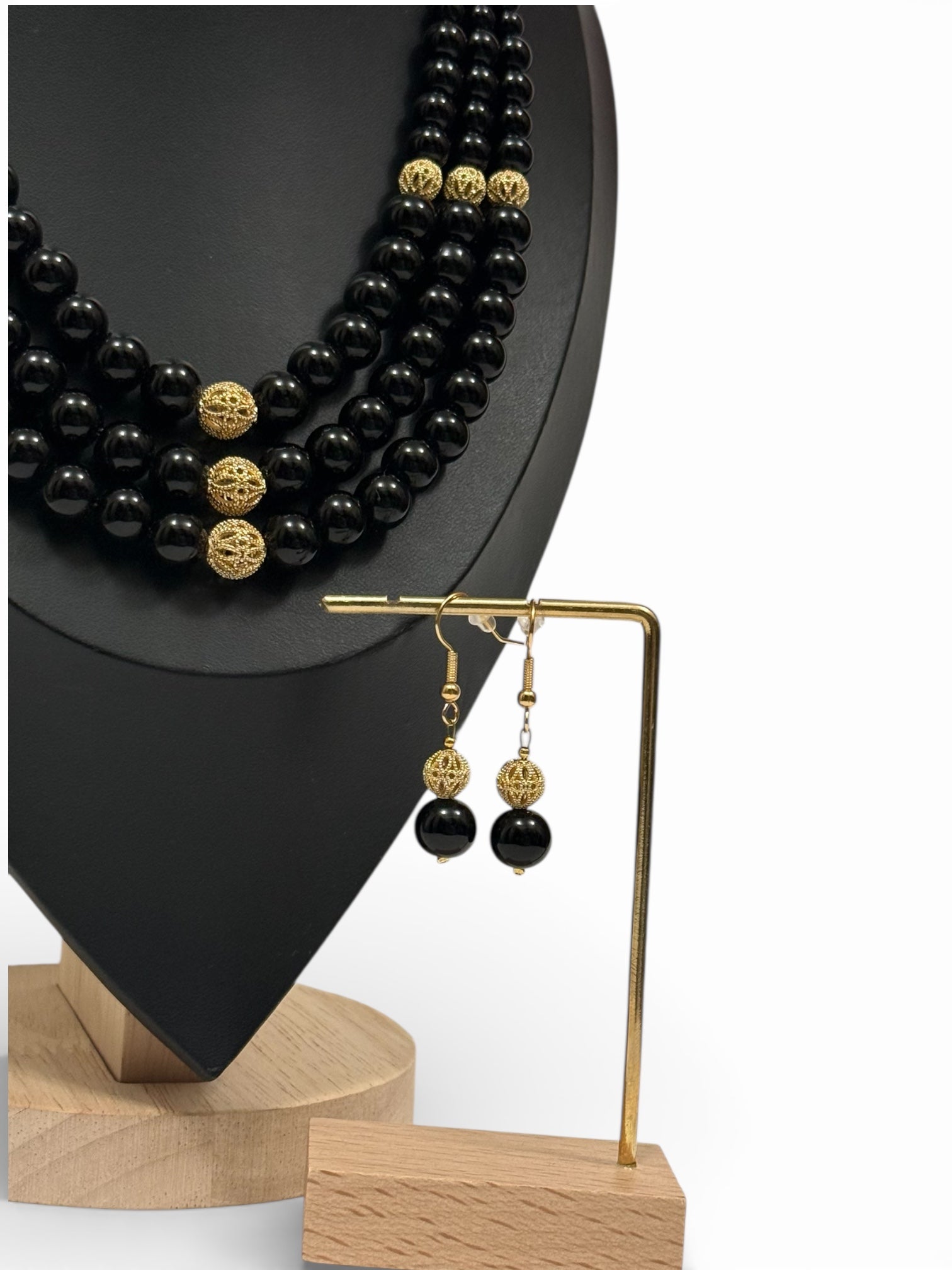 Triple-Strand Black Onyx Necklace with Earrings | Three Strands