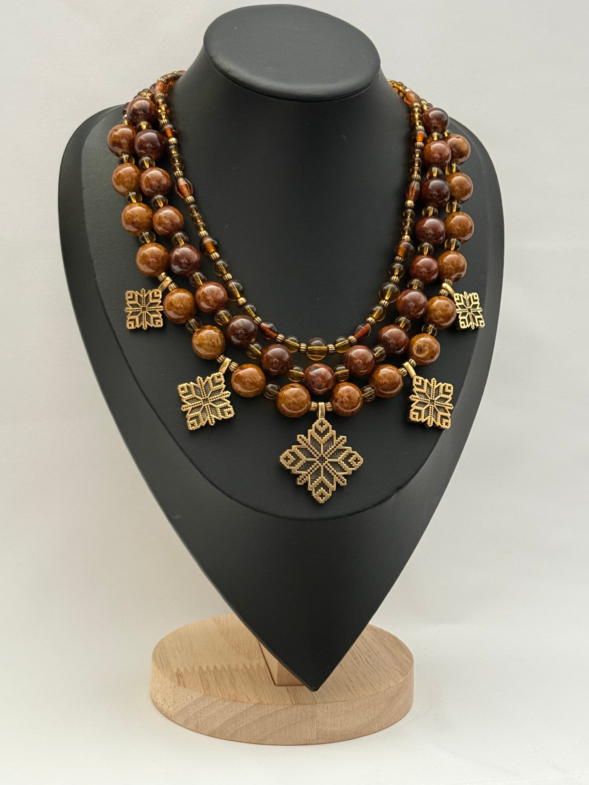 Three-Strand Necklace with Ceramic and Glass Beads and Brass Zgardas