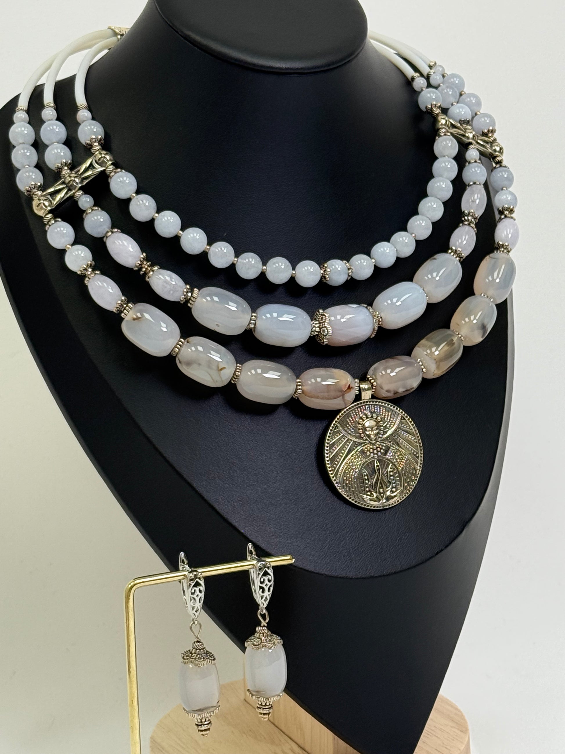 Natural Gray-Blue Stone Choker with Brass Pendant of the "Pokrovy Bohorodytsy"