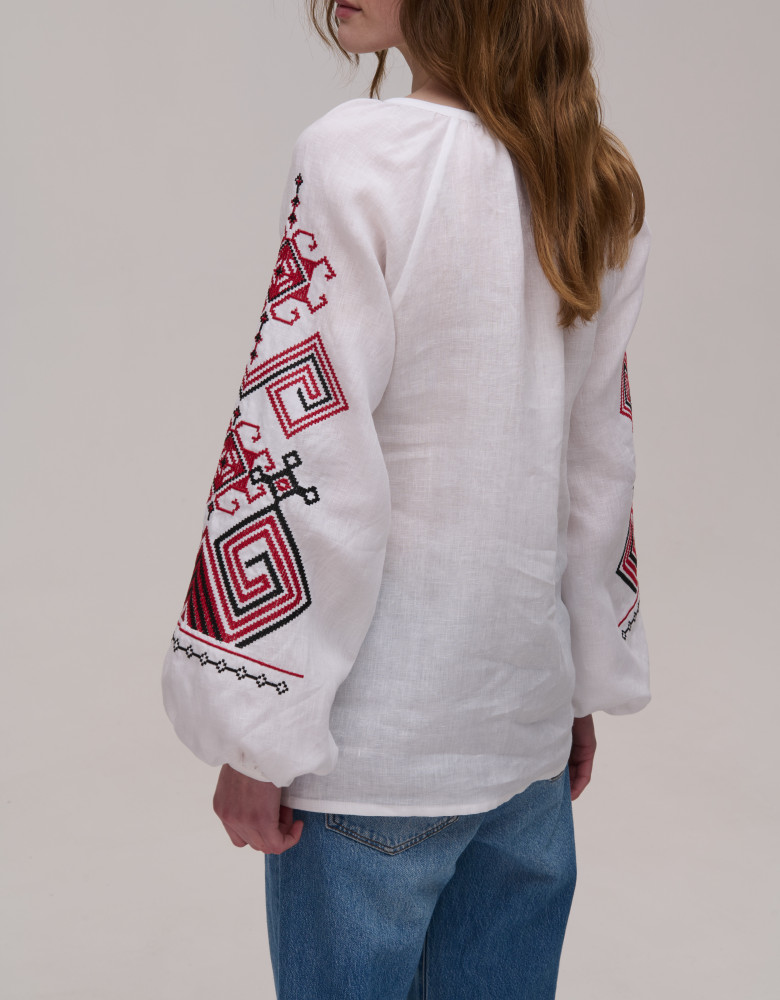 Women’s Embroidered Shirt "Infinity" – White Ukrainian Vyshyvanka in Linen
