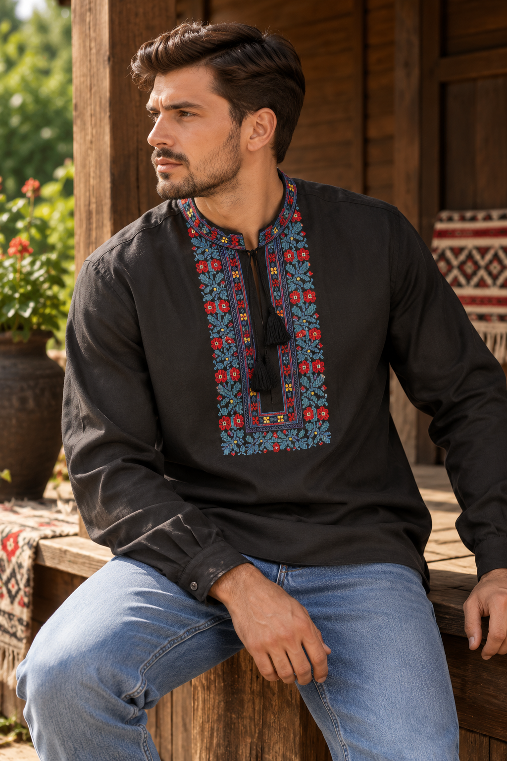 Men's Black Linen Vyshyvanka with Colourful Floral Embroidery