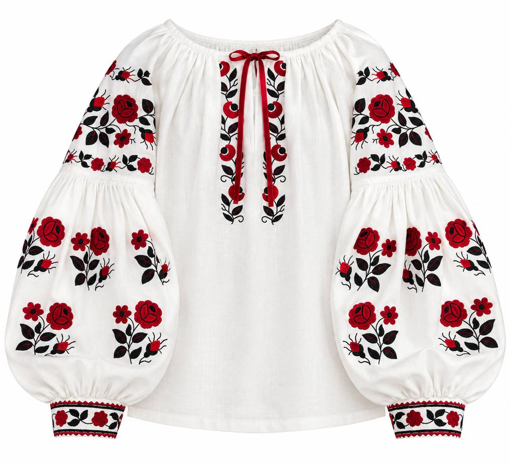 Women's White Ukrainian Embroidered Blouse with Red Roses
