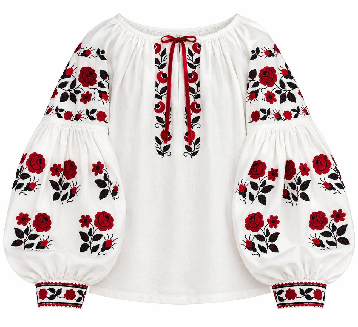 Women's White Ukrainian Embroidered Blouse with Red Roses