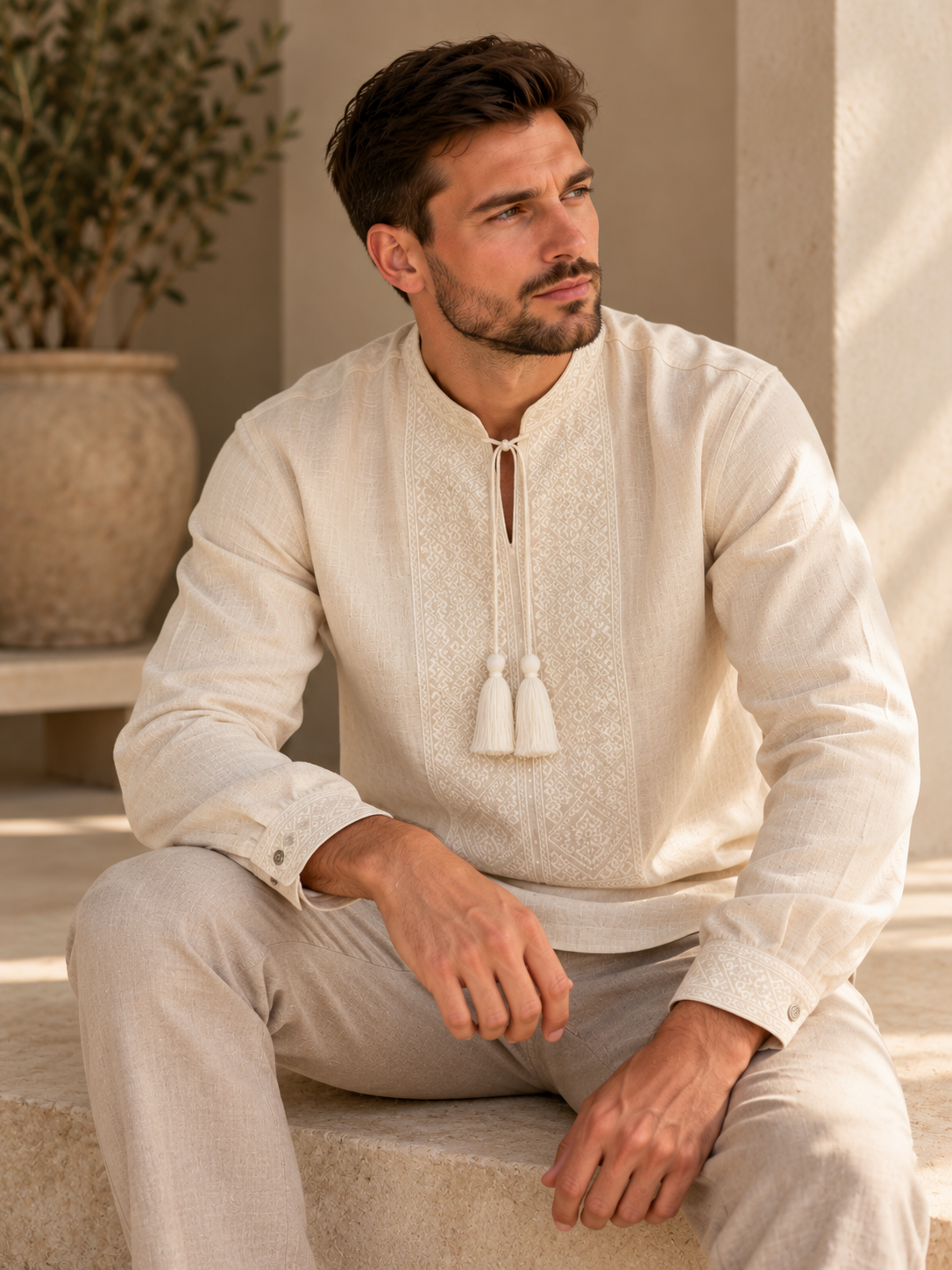 Men's Light Cream Linen Vyshyvanka with White Embroidery