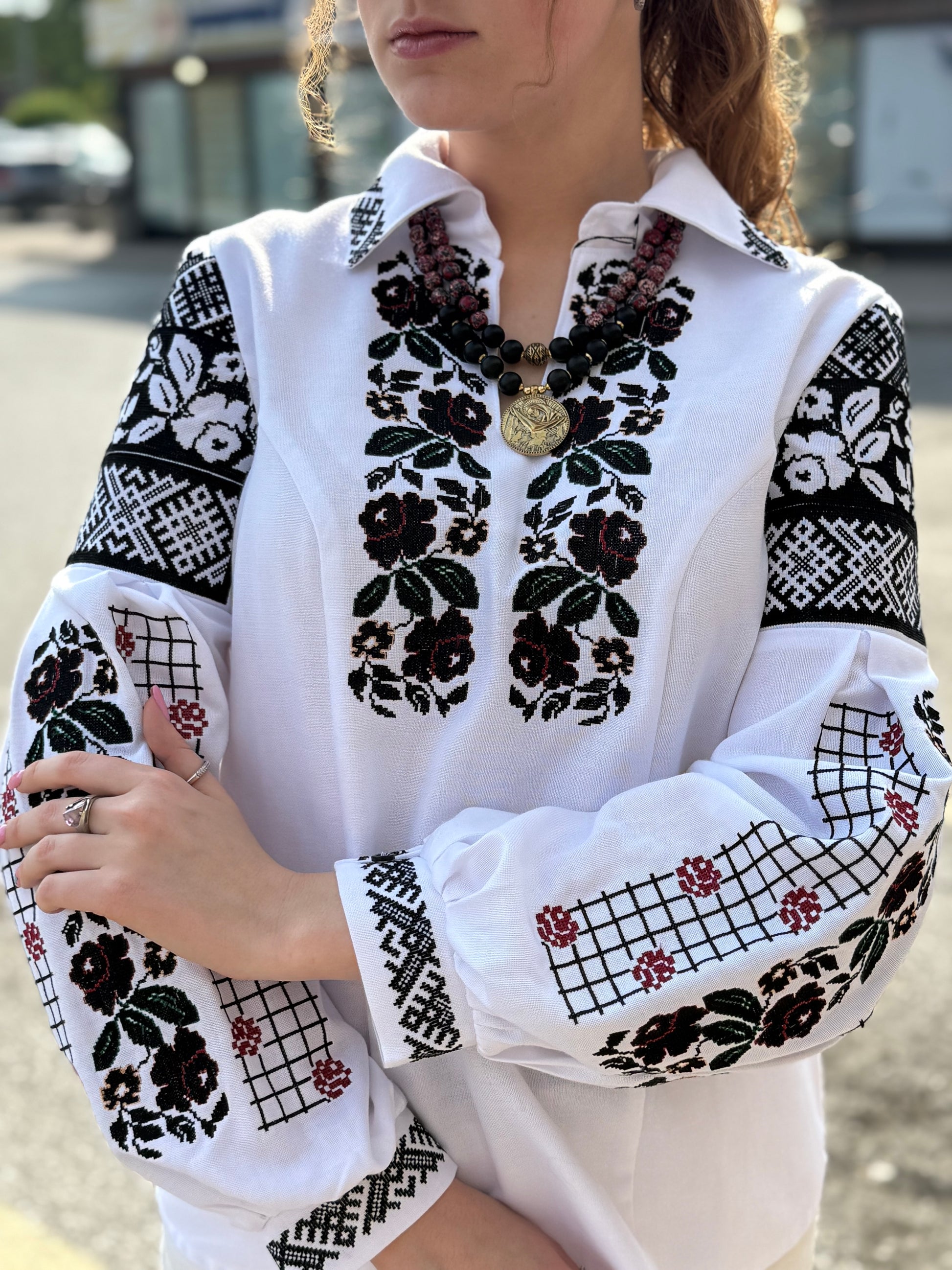 Women’s Embroidered Shirt "Transparent Flowers" – White Ukrainian Vyshyvanka with Delicate Floral Motifs