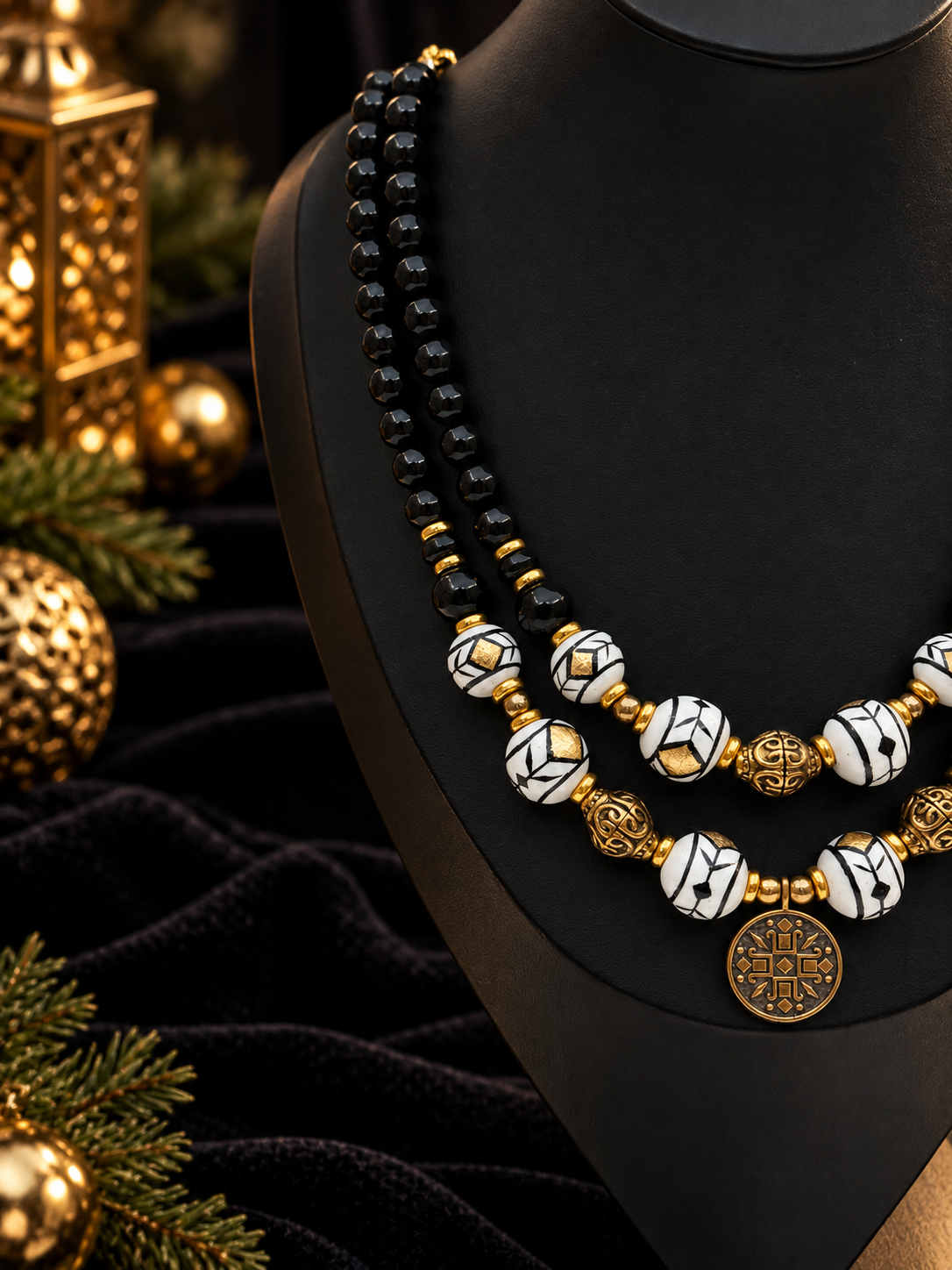 “Kryzhyk” Double-Strand Onyx & Ceramic Necklace — “Christmas Night” Collection