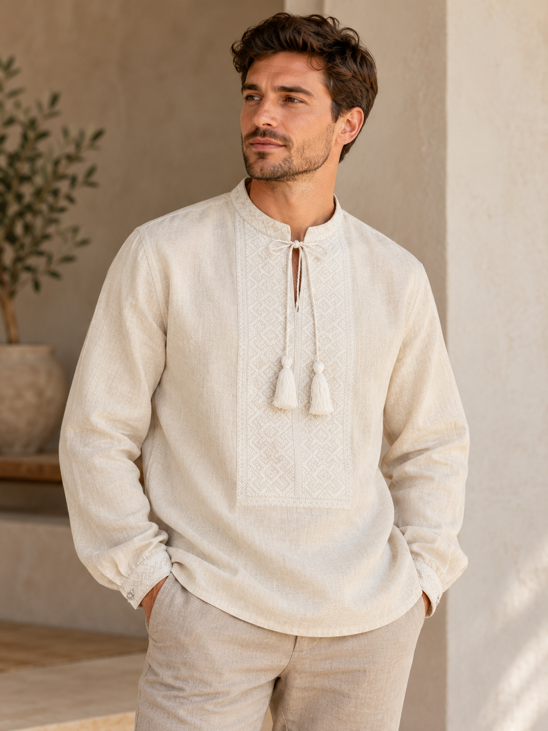 Men's Light Beige Linen Vyshyvanka with White Embroidery