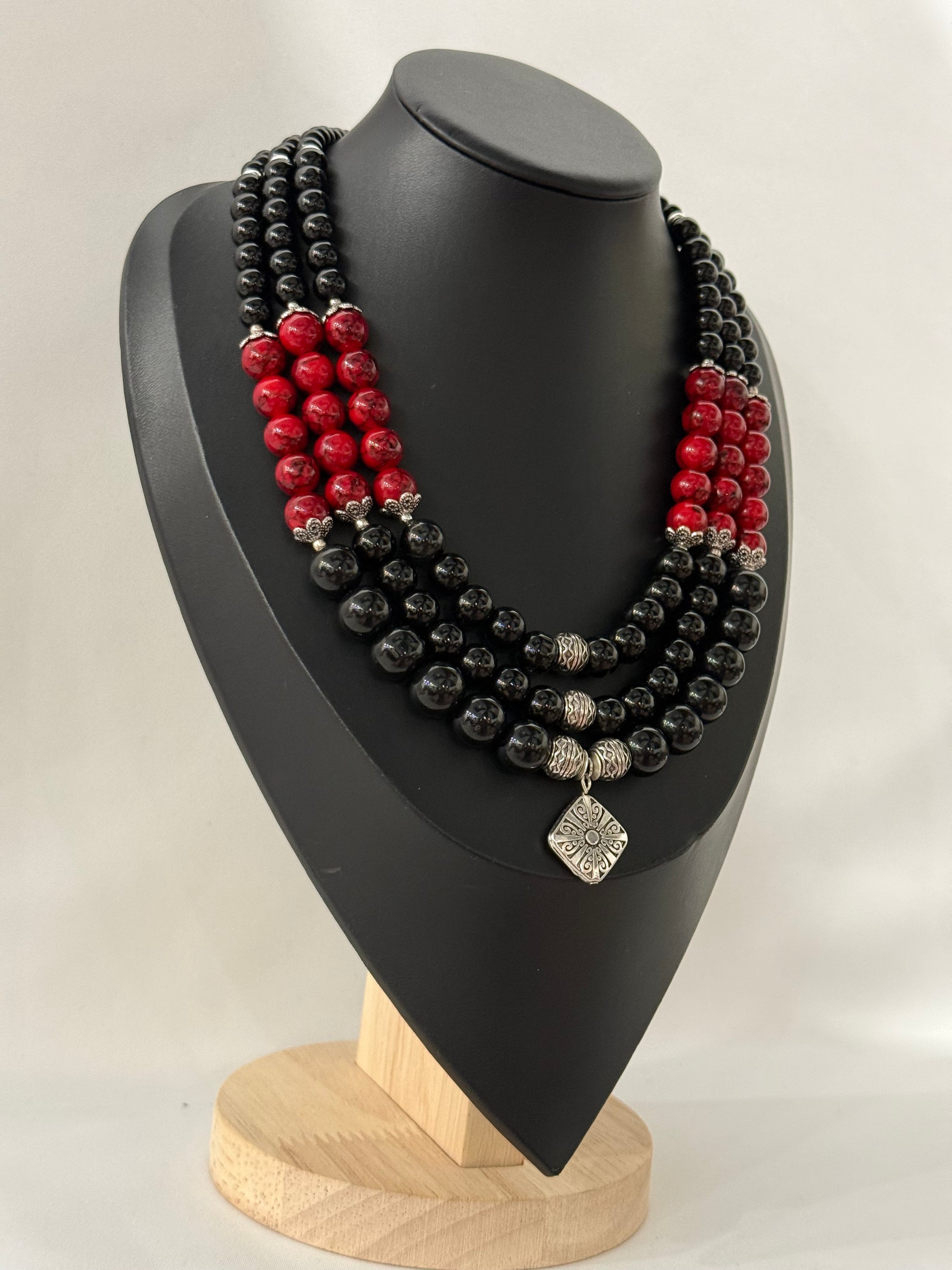 Triple-Strand Black and Red Necklace with Onyx and Ceramic Beads | Three Strands