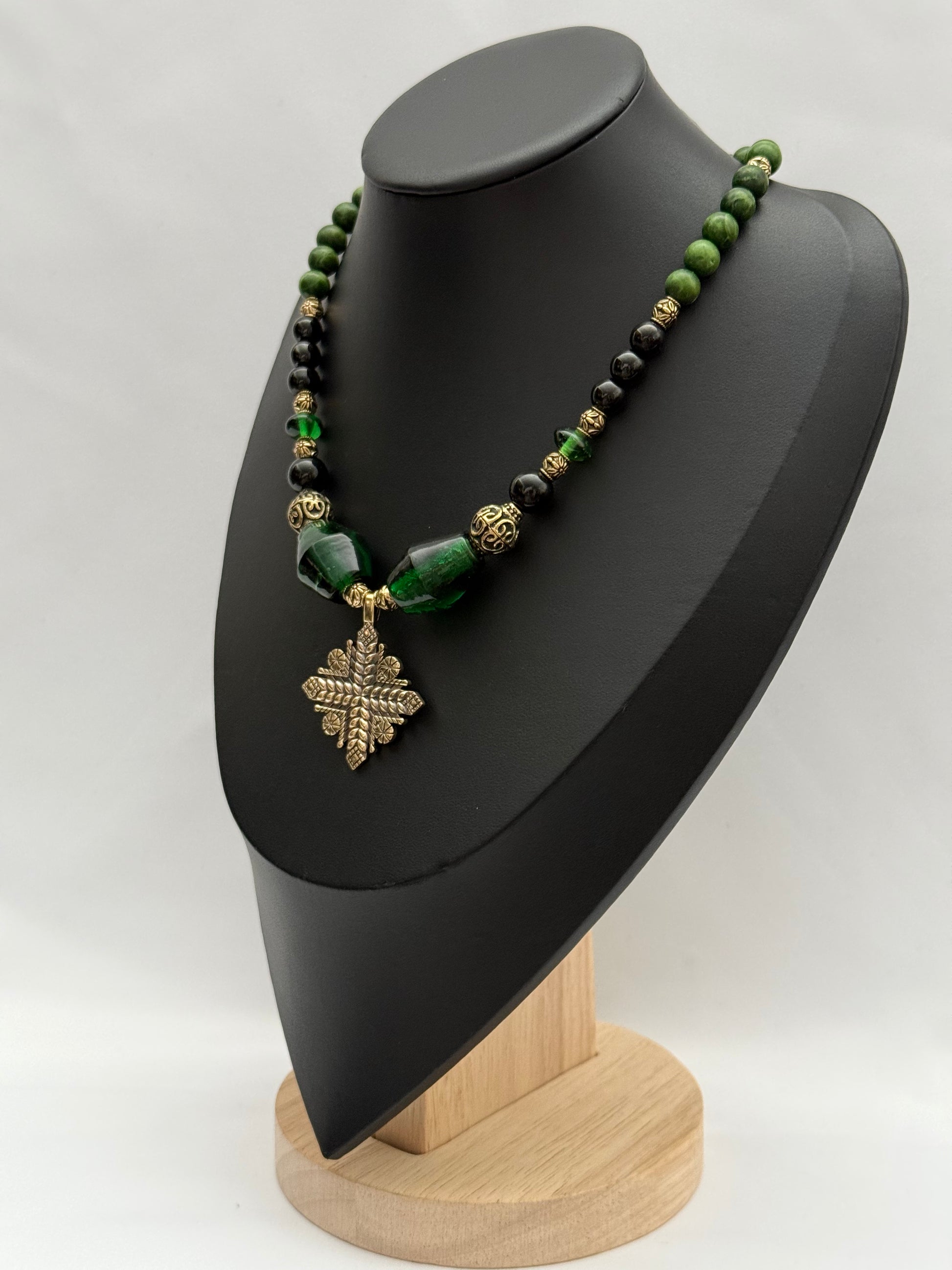 Green Murano Glass, Jade & Onyx Choker Necklace