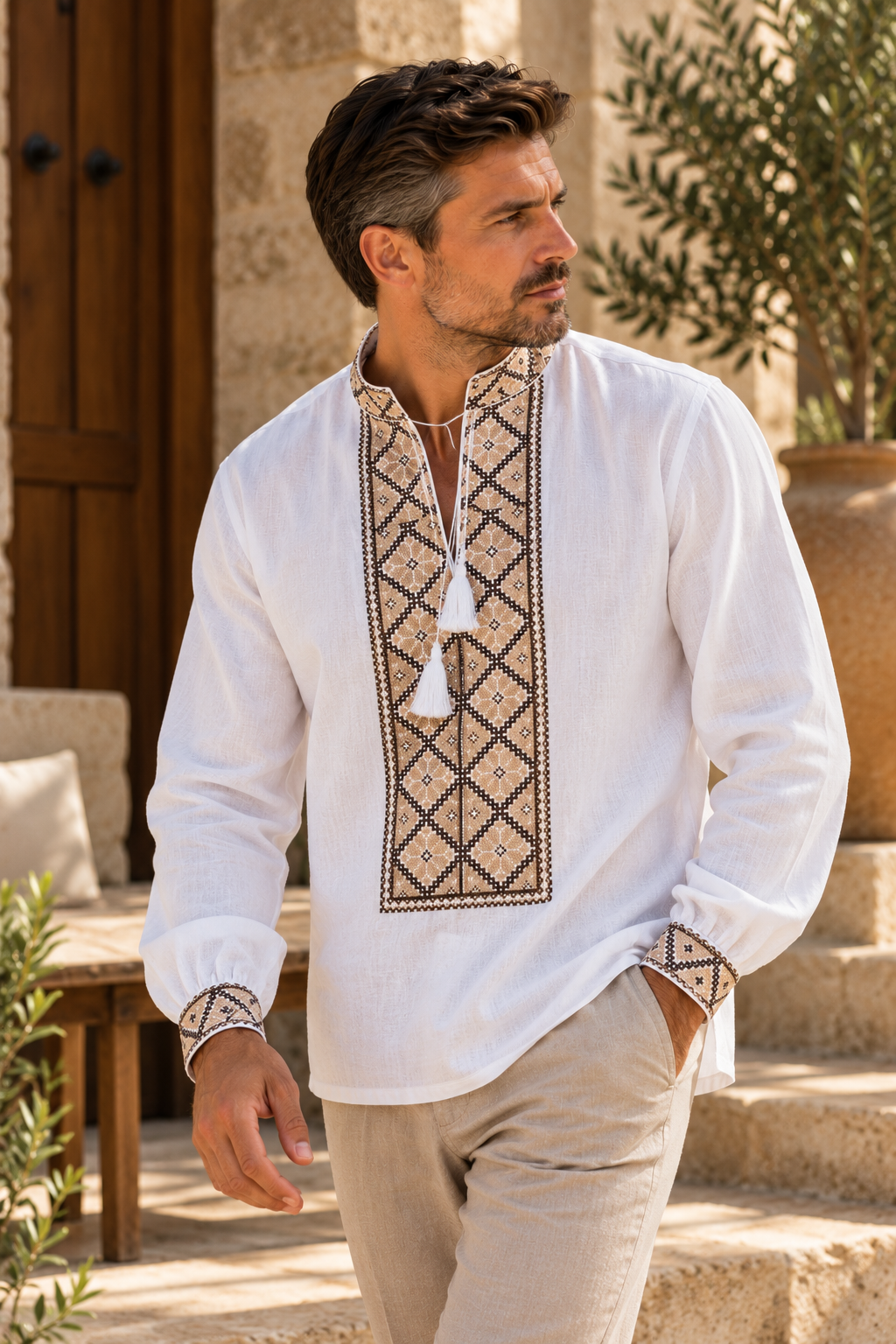 Men's White Ukrainian Vyshyvanka with Brown & Beige Geometric Embroidery