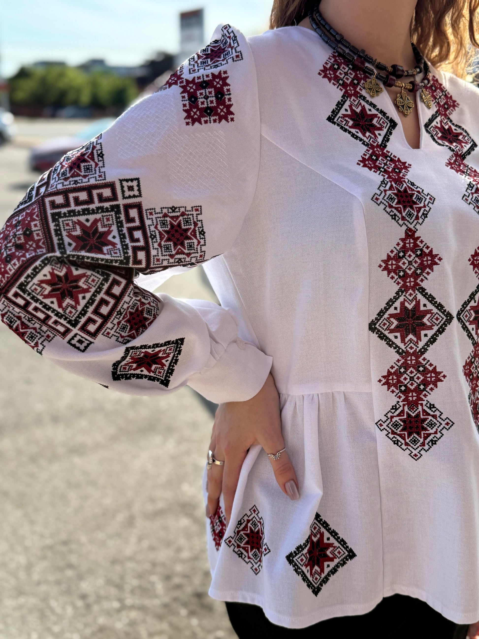 Women’s Embroidered Shirt "Red Star" – White Ukrainian Vyshyvanka with Red and Black Embroidery