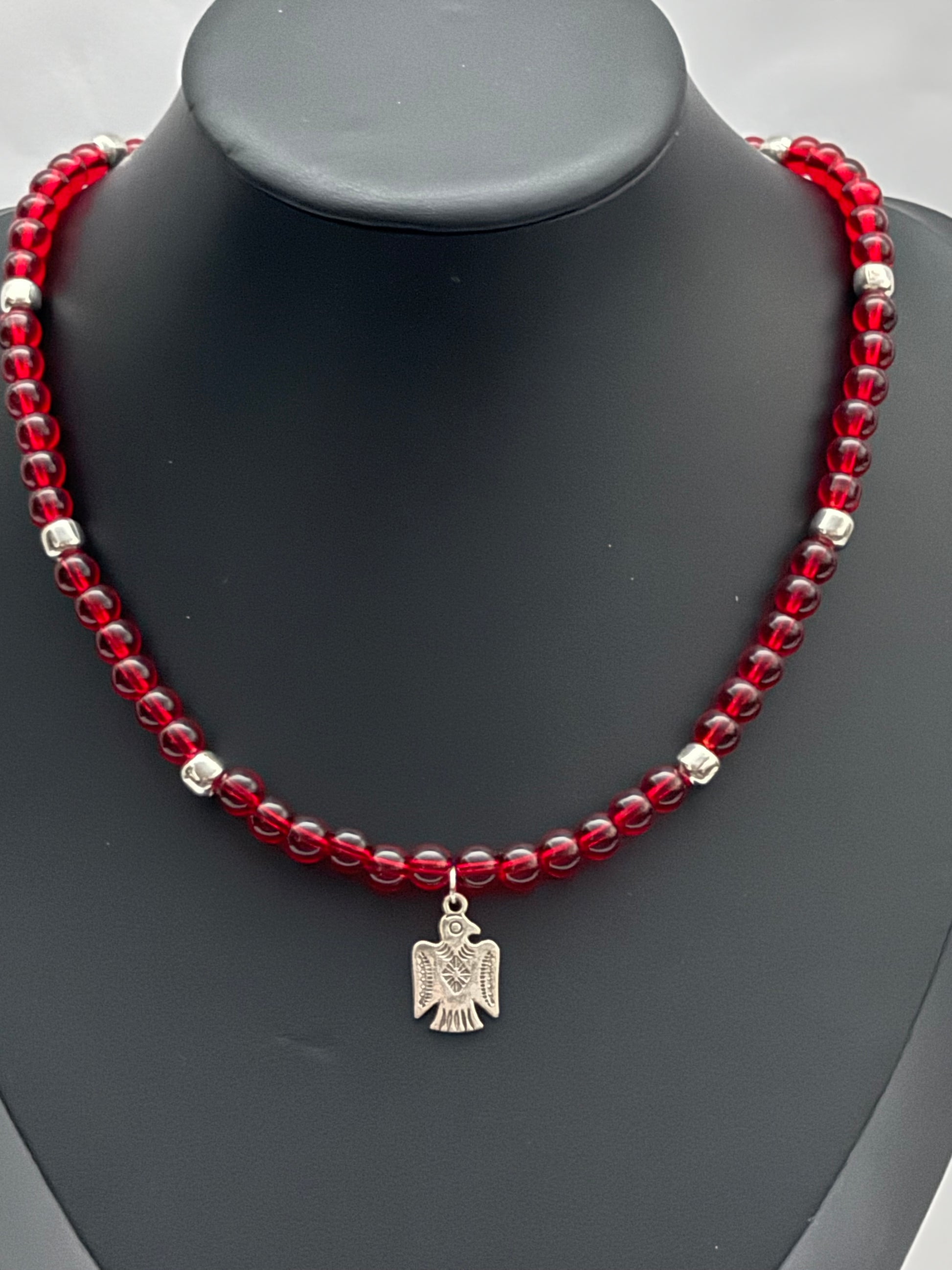 Red Glass Bead Necklace with Falcon Pendant | Single Strand