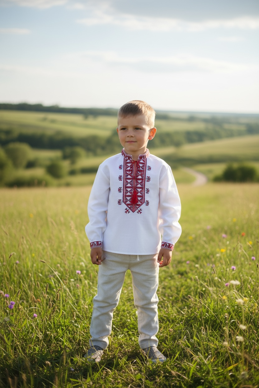 Boys White Vyshyvanka Cotton Long Sleeve In Ukrainian Traditions