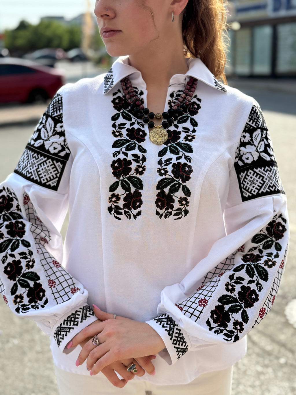 Women’s Embroidered Shirt "Transparent Flowers" – White Ukrainian Vyshyvanka with Delicate Floral Motifs