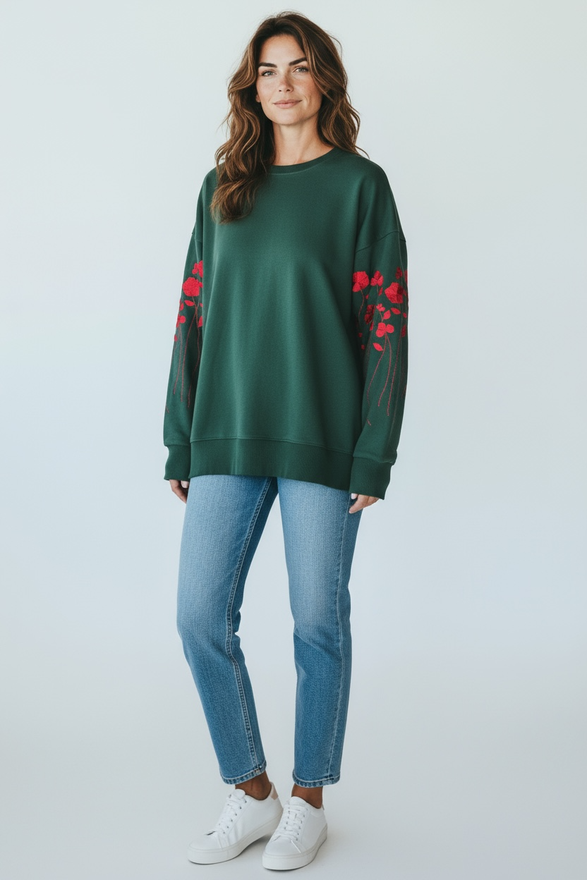 Oversized Sweatshirt With "Flowers" Embroidery