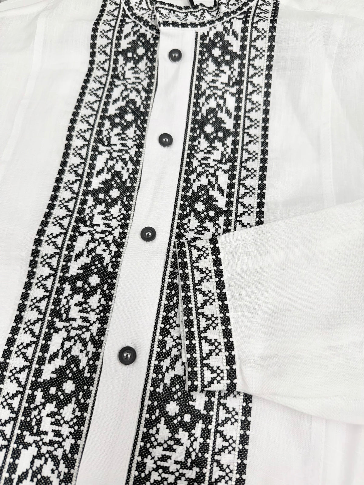Men’s White Linen Vyshyvanka with Black & Silver Embroidery