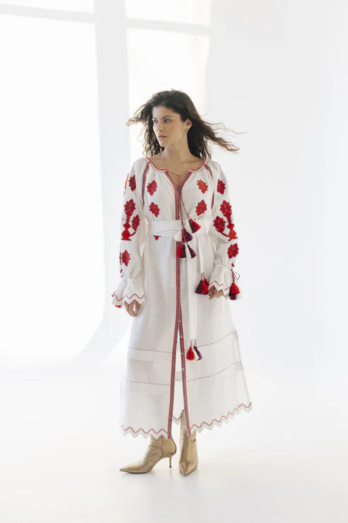 Dress "Luna" white with red embroidery