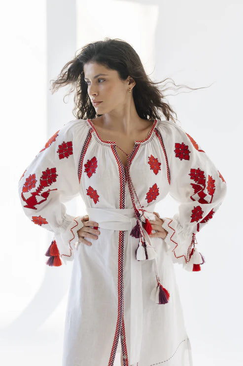 Dress "Luna" white with red embroidery