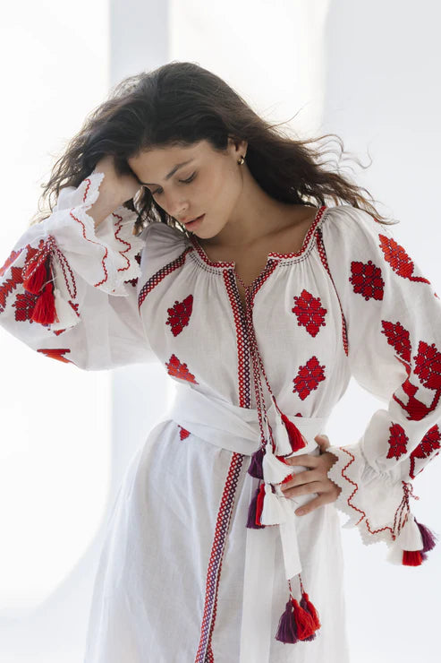 Dress "Luna" white with red embroidery