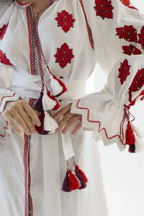 Dress "Luna" white with red embroidery