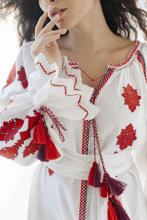Dress "Luna" white with red embroidery