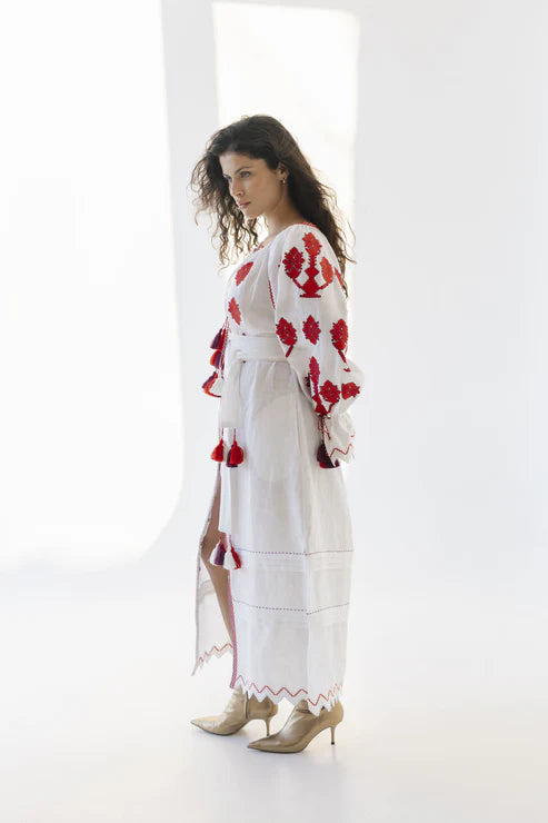 Dress "Luna" white with red embroidery