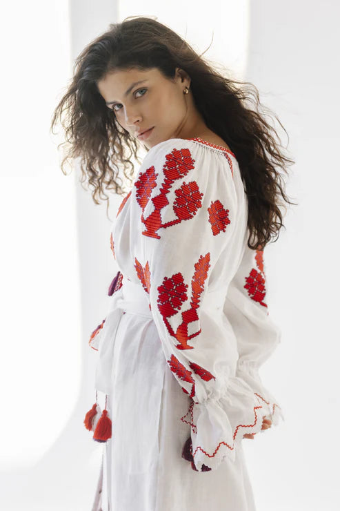 Dress "Luna" white with red embroidery