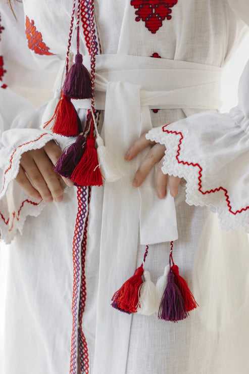 Dress "Luna" white with red embroidery