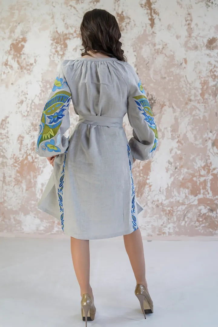 Linen Embroidered Midi Dress “Ptakha” – Grey