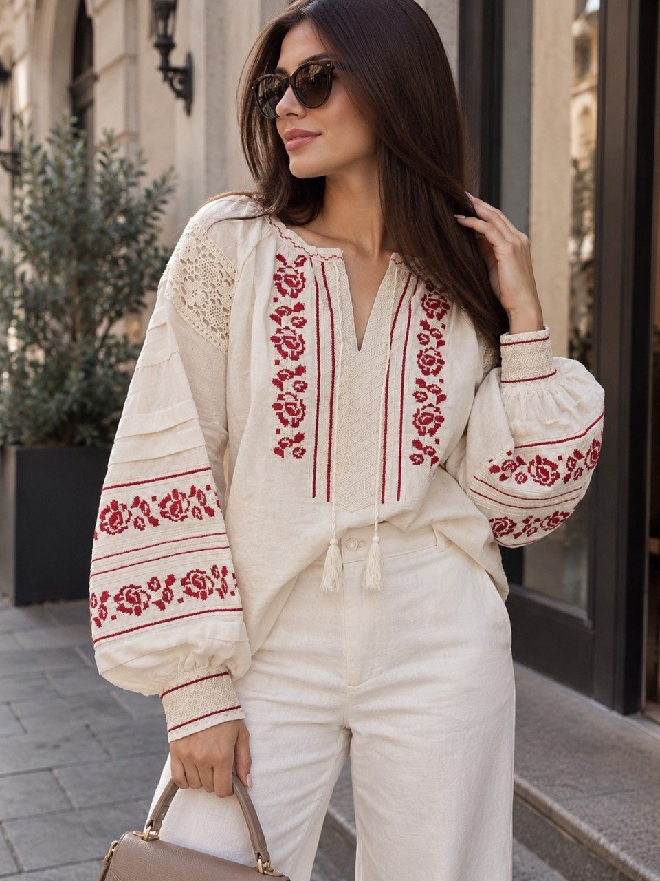 Women's Floral Embroidered Blouse with Lace Details – Ivory & Burgundy