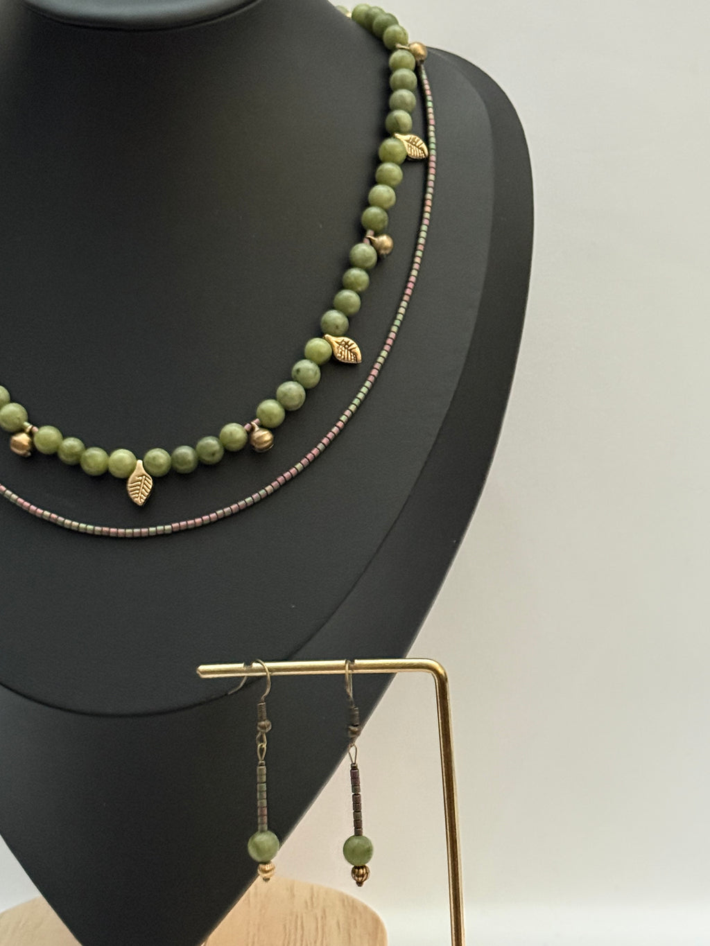 Double-Strand Green Jade and Bead Necklace with Brass Pendants | Necklace & Earrings Set
