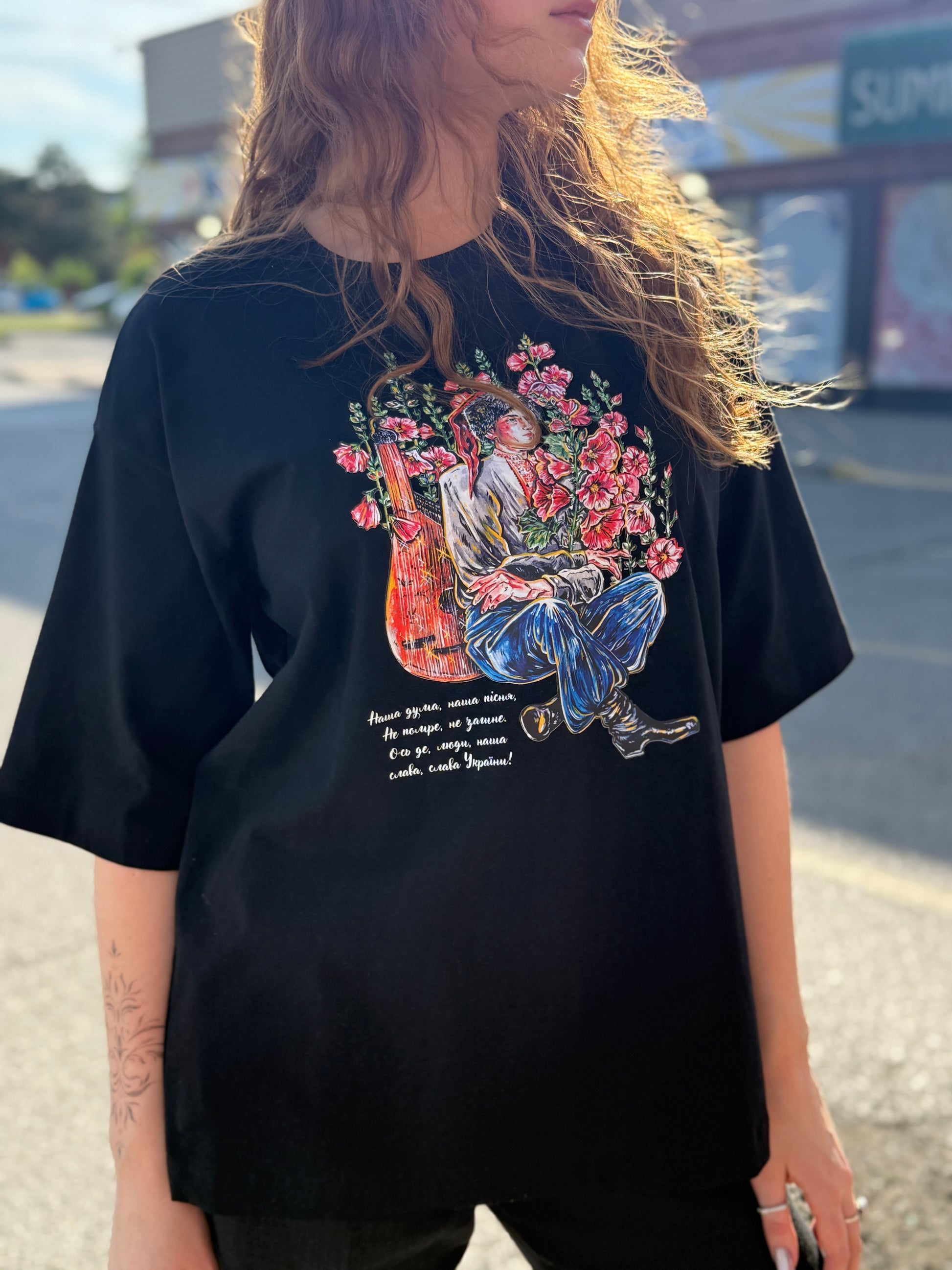 T-Shirt with Ukrainian Print Cossack with Bandura Black