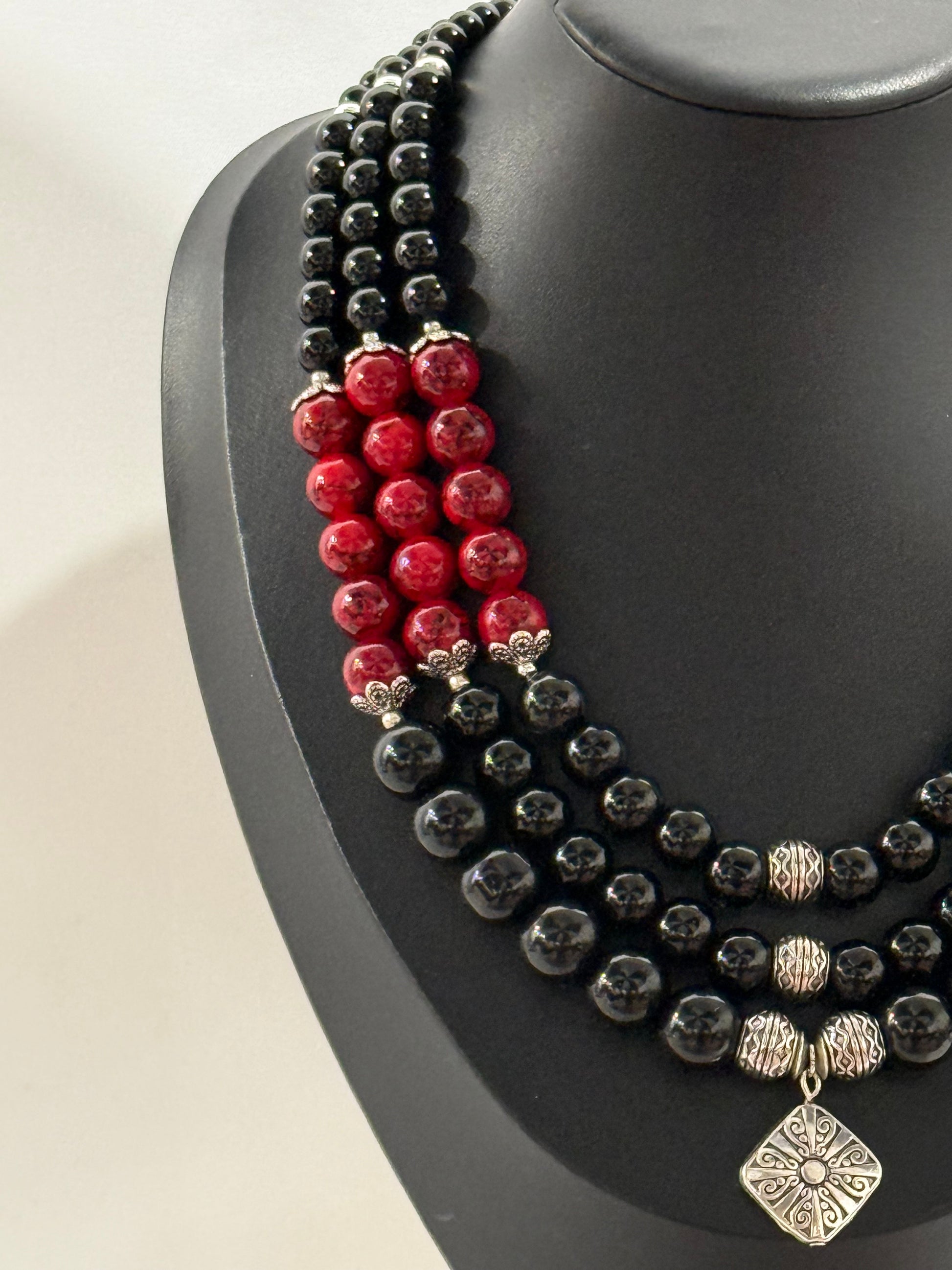 Triple-Strand Black and Red Necklace with Onyx and Ceramic Beads | Three Strands