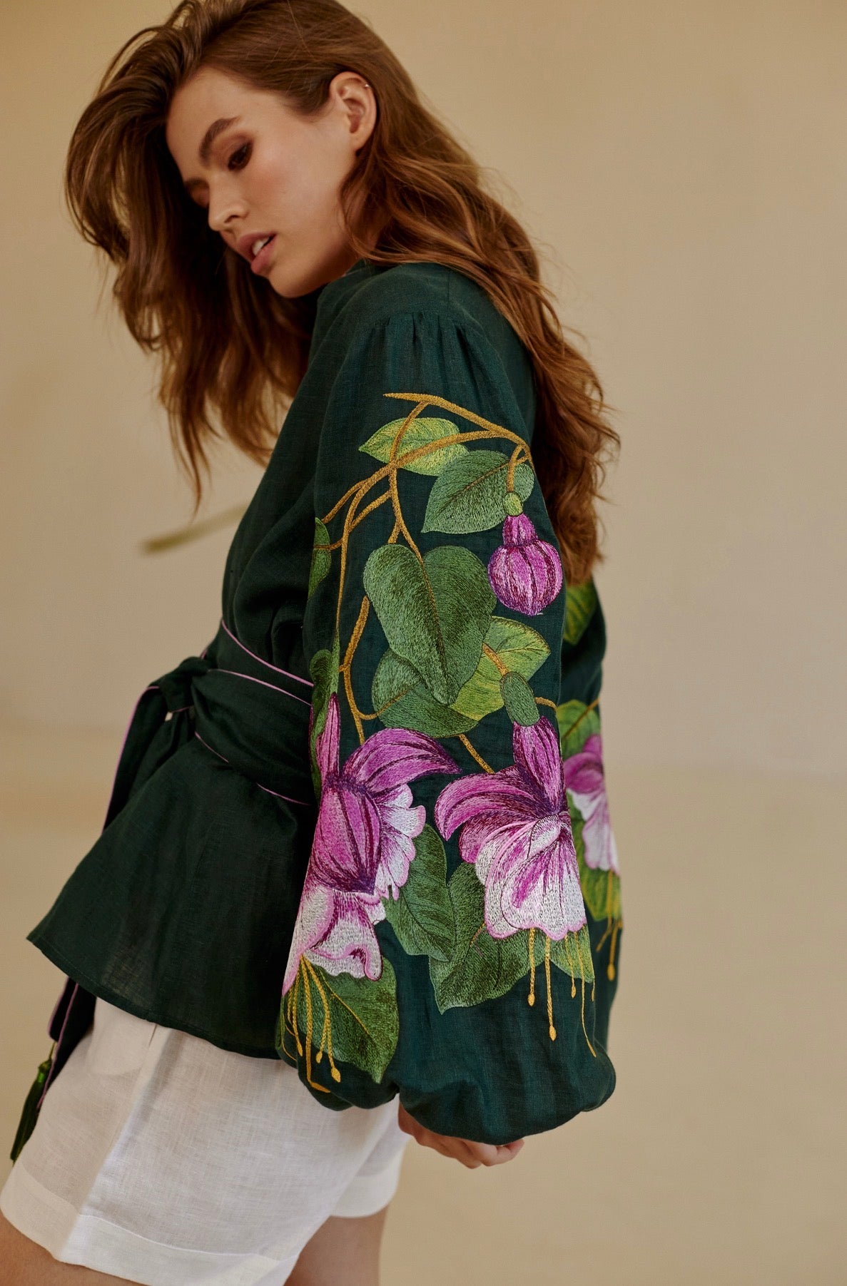 Women’s Embroidered Blouse "Fuchsia" – Green Ukrainian Vyshyvanka with Belt