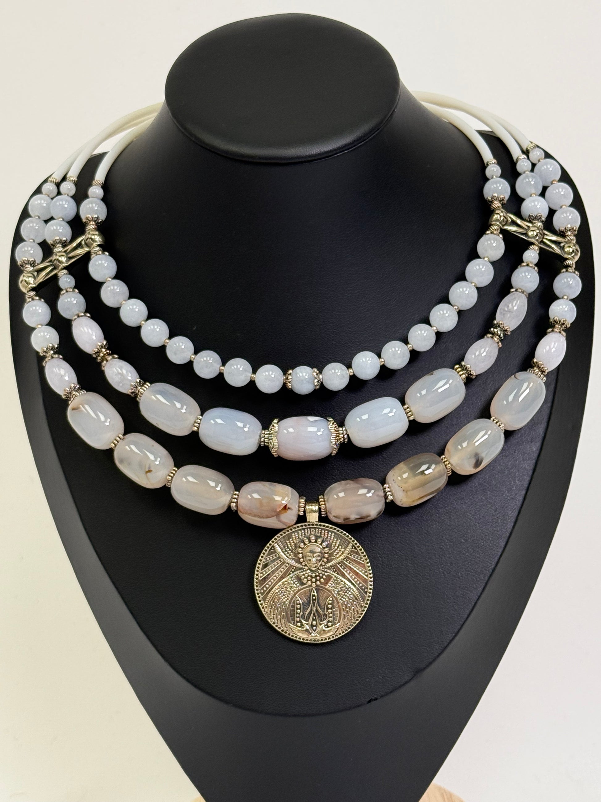 Natural Gray-Blue Stone Choker with Brass Pendant of the "Pokrovy Bohorodytsy"