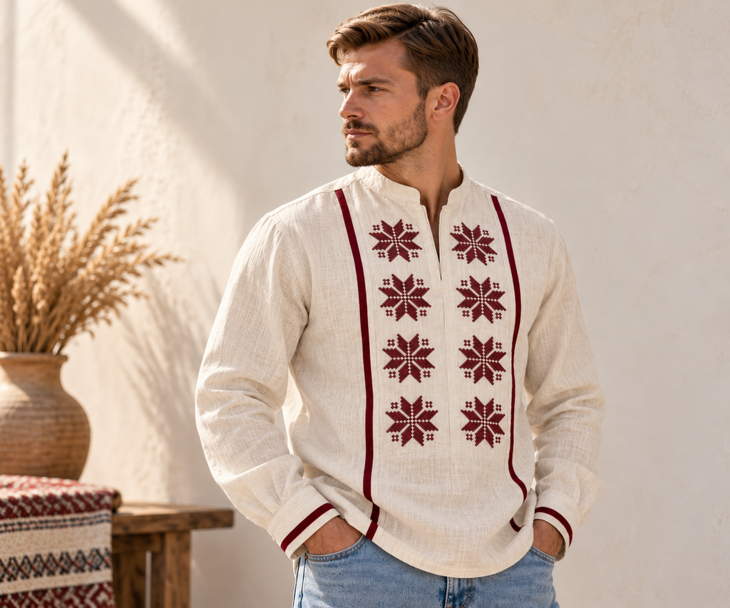 Men's Beige Ukrainian Vyshyvanka with Burgundy Geometric Embroidery