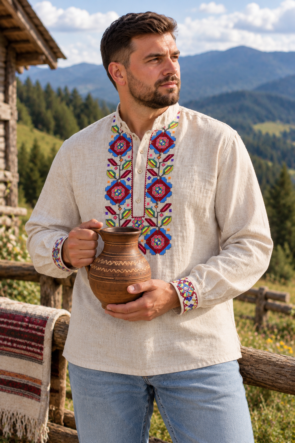 Men's Natural Beige Linen Vyshyvanka with Colourful Embroidery