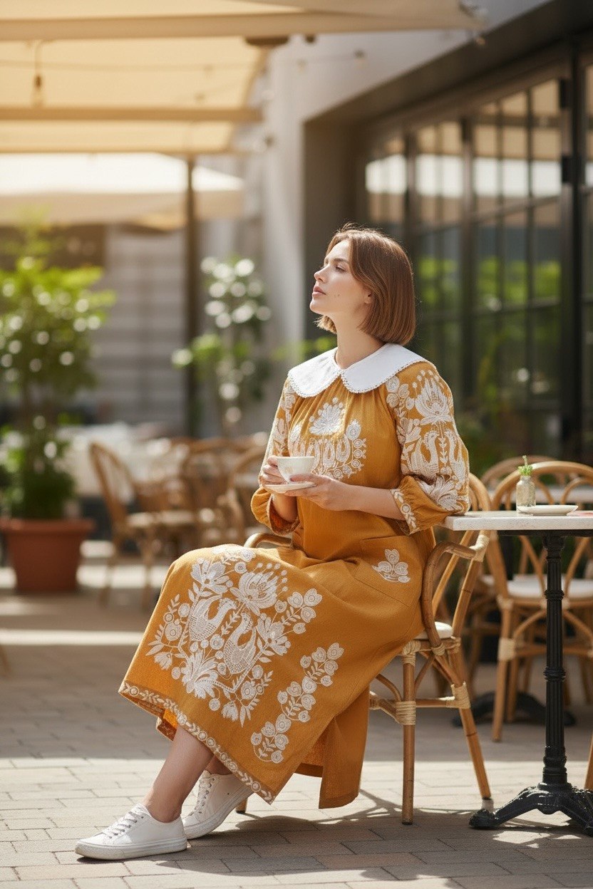 Women's Mustard Midi Embroidered Dress with White Floral Embroidery