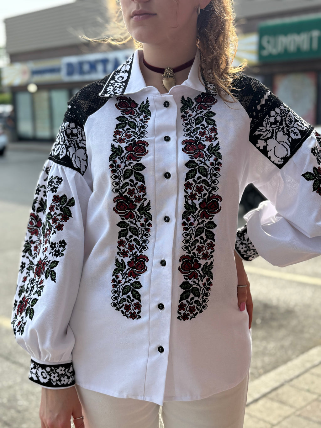 Women’s Embroidered Shirt "Ruta" – Ukrainian Vyshyvanka with Collar and Lace Accents