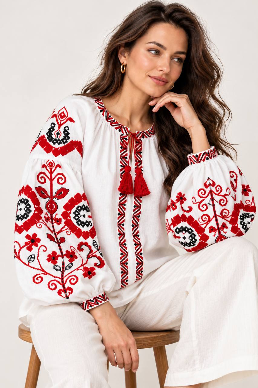 Women's White Ukrainian Embroidered Blouse – Red & Black Floral Embroidery