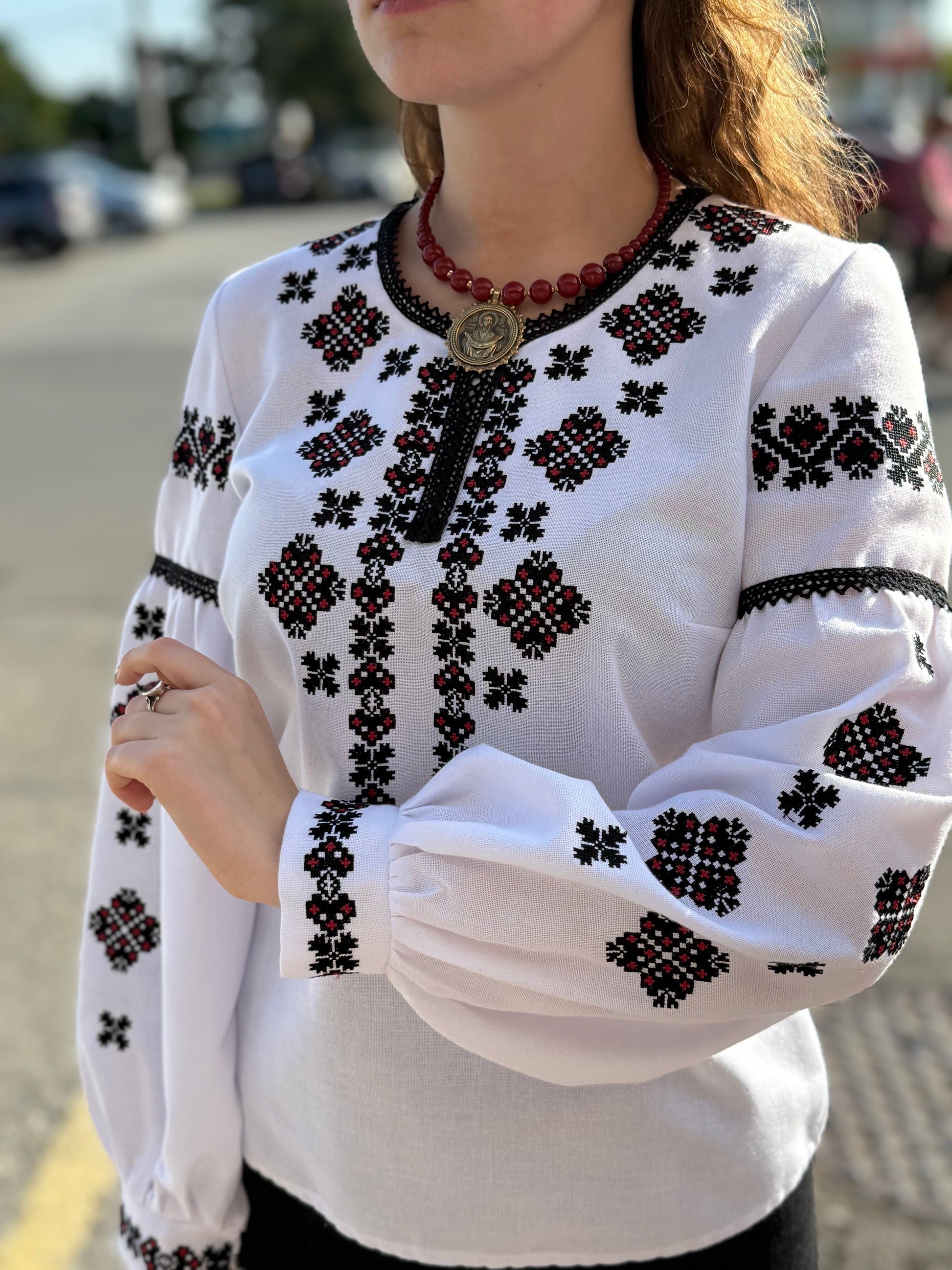 Women’s Embroidered Shirt "Heart" – White Ukrainian Vyshyvanka with Red and Black Embroidery